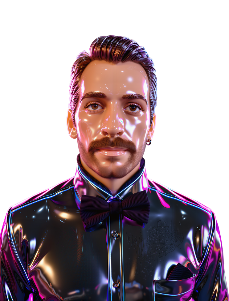 Generated portrait of a man with a moustache in a glossy black suit and bow tie.