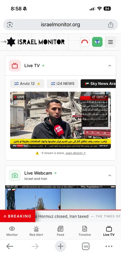 Mobile Live TV view: a channel picker above a live news broadcast and a live webcam.