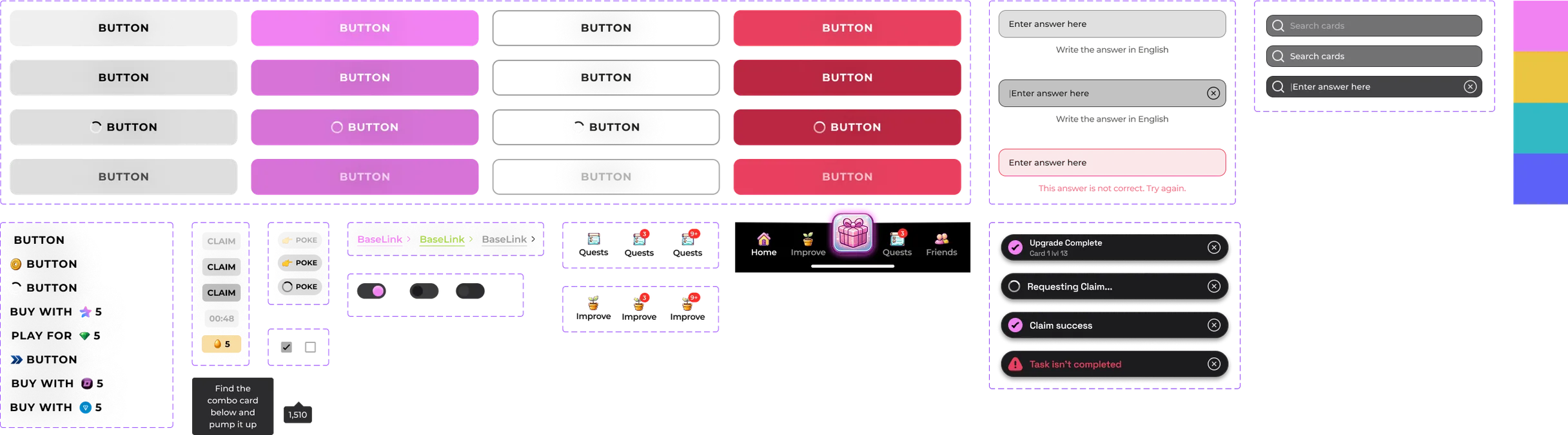 Dropee component sheet: button styles and states, tabs, toggles, the navigation bar, toast messages, input fields and colour swatches.