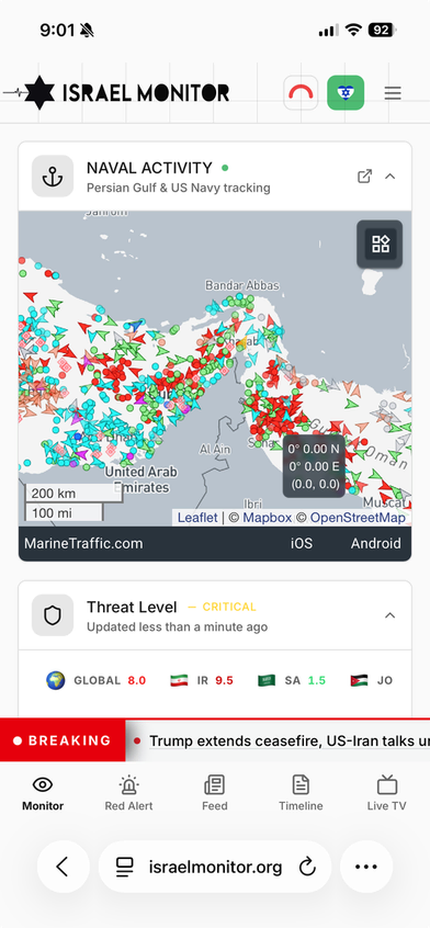 Mobile naval activity view: a map of ship positions in the Persian Gulf and a threat-level panel.
