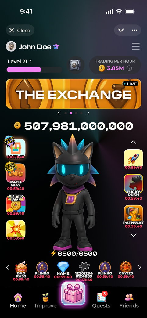 Dropee home screen: The Exchange banner, a coin balance of 507,981,000,000, the cat character, event icons and the bottom navigation.