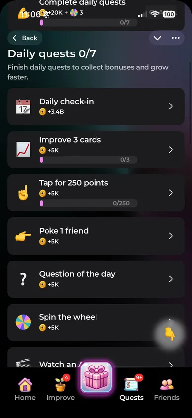 Daily quests screen listing tasks such as Daily check-in, Improve 3 cards, Tap for 250 points and Spin the wheel.