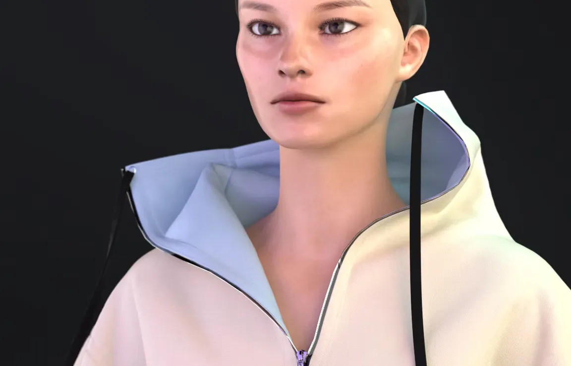 3D render of a woman in a cream hooded jacket with a light blue lining.