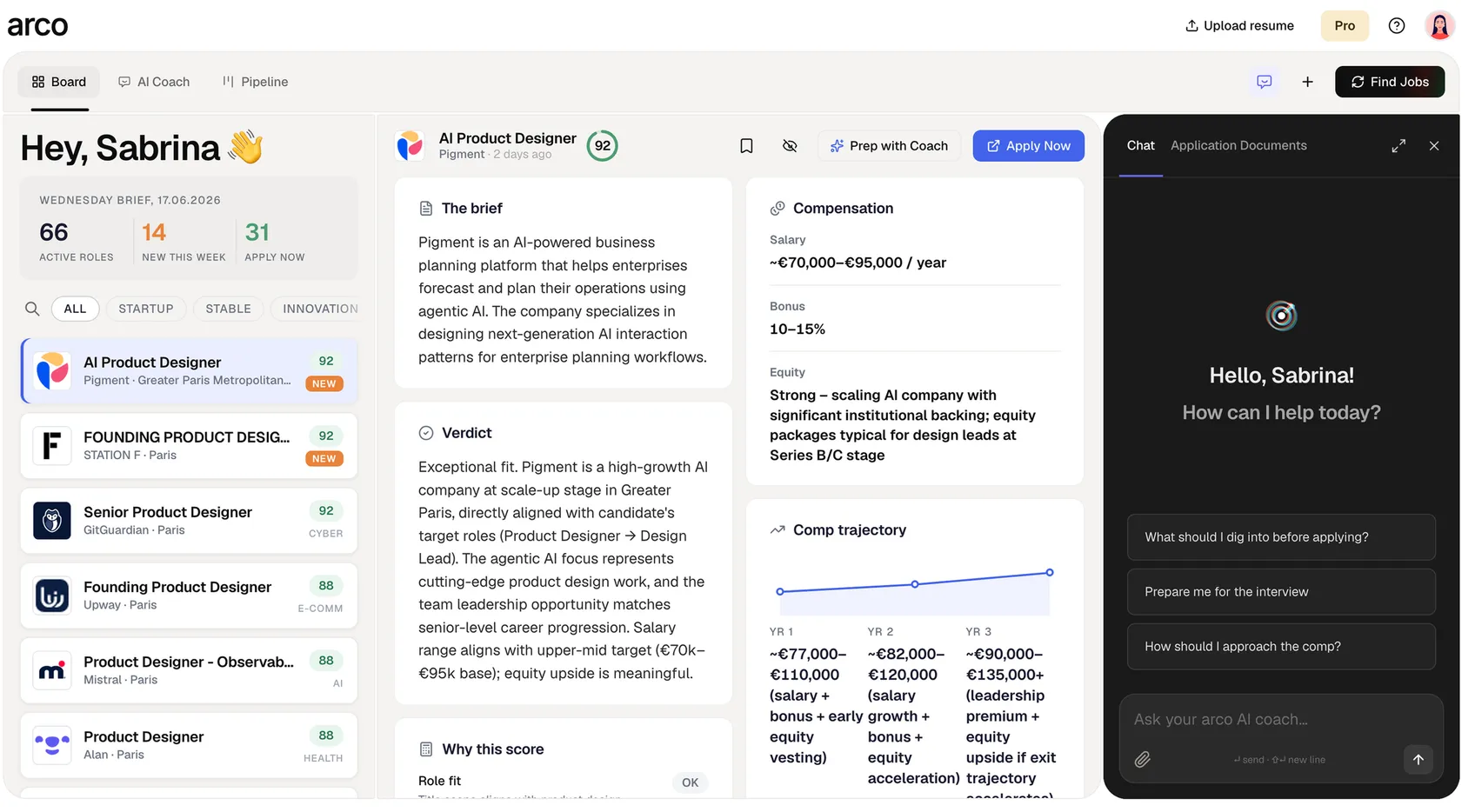 arco desktop app: the job board greeting “Hey, Sabrina”, a role briefing in the middle and the AI coach panel on the right.
