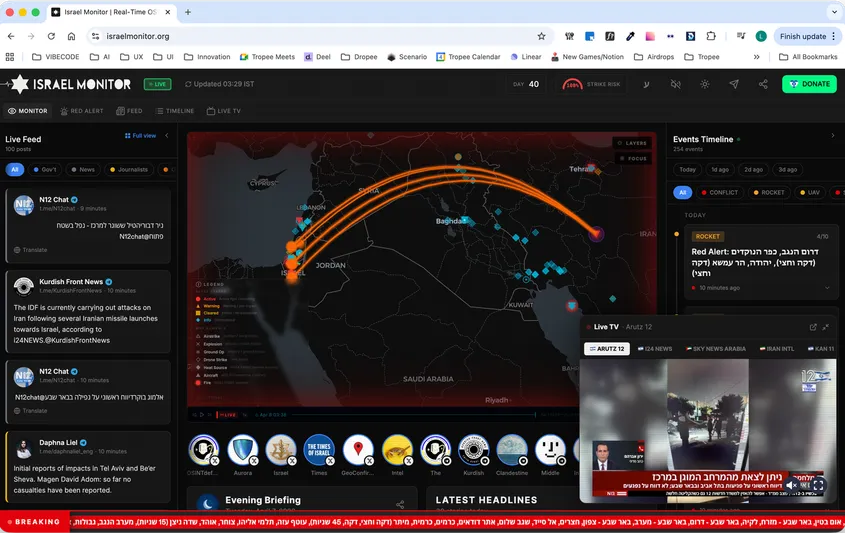 Operational redesign: a focused layout with the live feed, a large map with orange trajectory arcs, and Live TV.