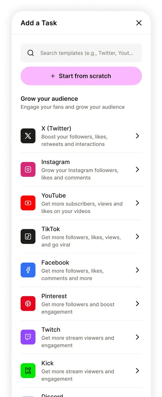 “Add a Task” panel with a search field, a “Start from scratch” button and task templates such as X (Twitter).
