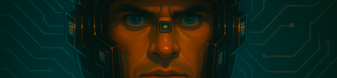 Generated image: the face of a man wearing headphones, lit orange against teal circuit patterns.