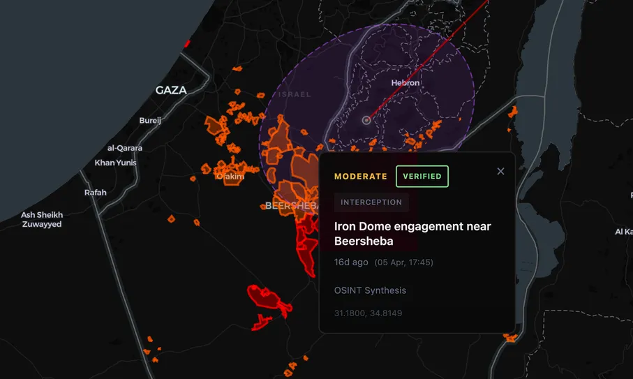 Local view: the map zoomed in on Gaza and Beersheba with an event card “Iron Dome engagement near Beersheba”, marked moderate and verified.