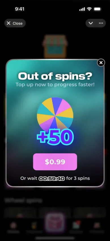 “Out of spins?” offer with a single package, +50 spins for $0.99, and a countdown to three free spins.