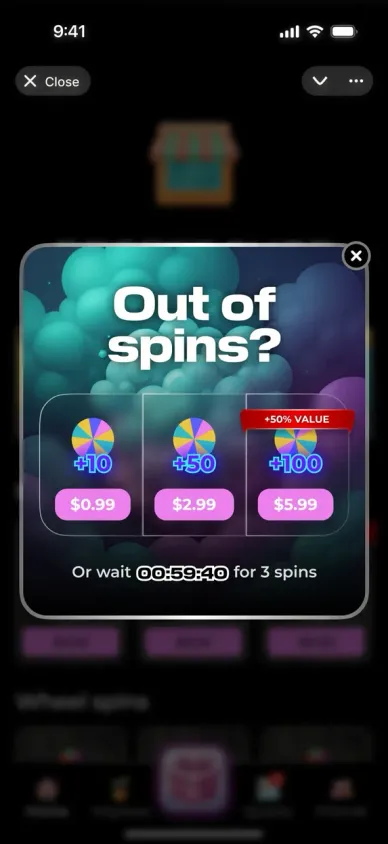 “Out of spins?” offer with three packages of +10, +50 and +100 spins and a countdown to three free spins.