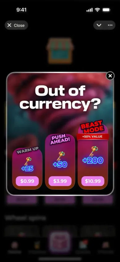 “Out of currency?” offer with three tiers named Warm Up, Push Ahead and Beast Mode.