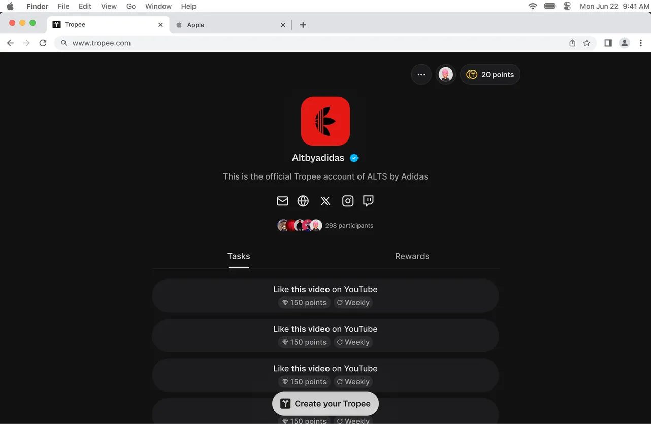 Alts by Adidas member page on desktop in dark mode: profile, participant count and a list of “Like this video on YouTube” tasks.