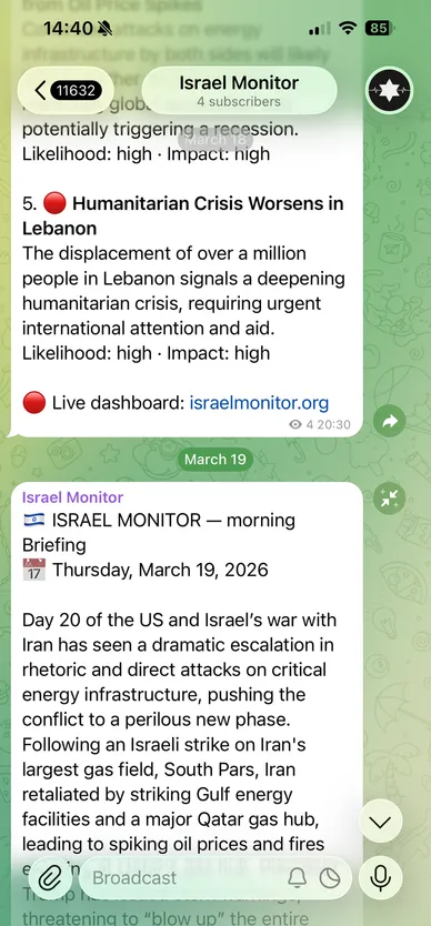 Israel Monitor Telegram channel with a morning briefing post and a link to the live dashboard.