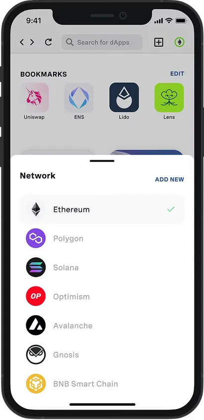 Network selection sheet listing Ethereum, Polygon, Solana, Optimism, Avalanche, Gnosis and BNB Smart Chain.