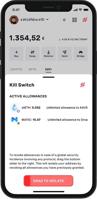 Kill Switch sheet with active allowances and a red “Drag to isolate” slider.
