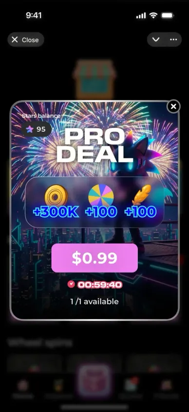 Pro Deal offer for $0.99 with a countdown and the note “1/1 available”.