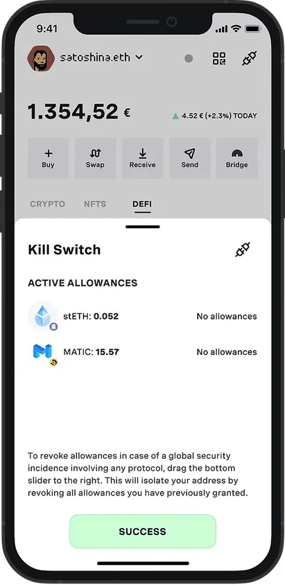Kill Switch sheet after isolating: “No allowances” for both tokens and a green “Success” state.
