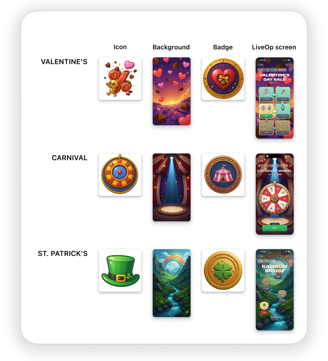 Finished assets for three event families — Valentine’s, Carnival and St. Patrick’s — each with an icon, background, badge and LiveOp screen.