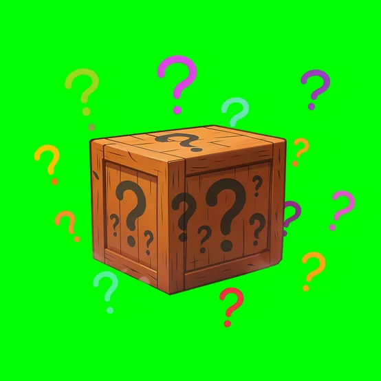 Wooden mystery crate surrounded by question marks on a green-screen background.