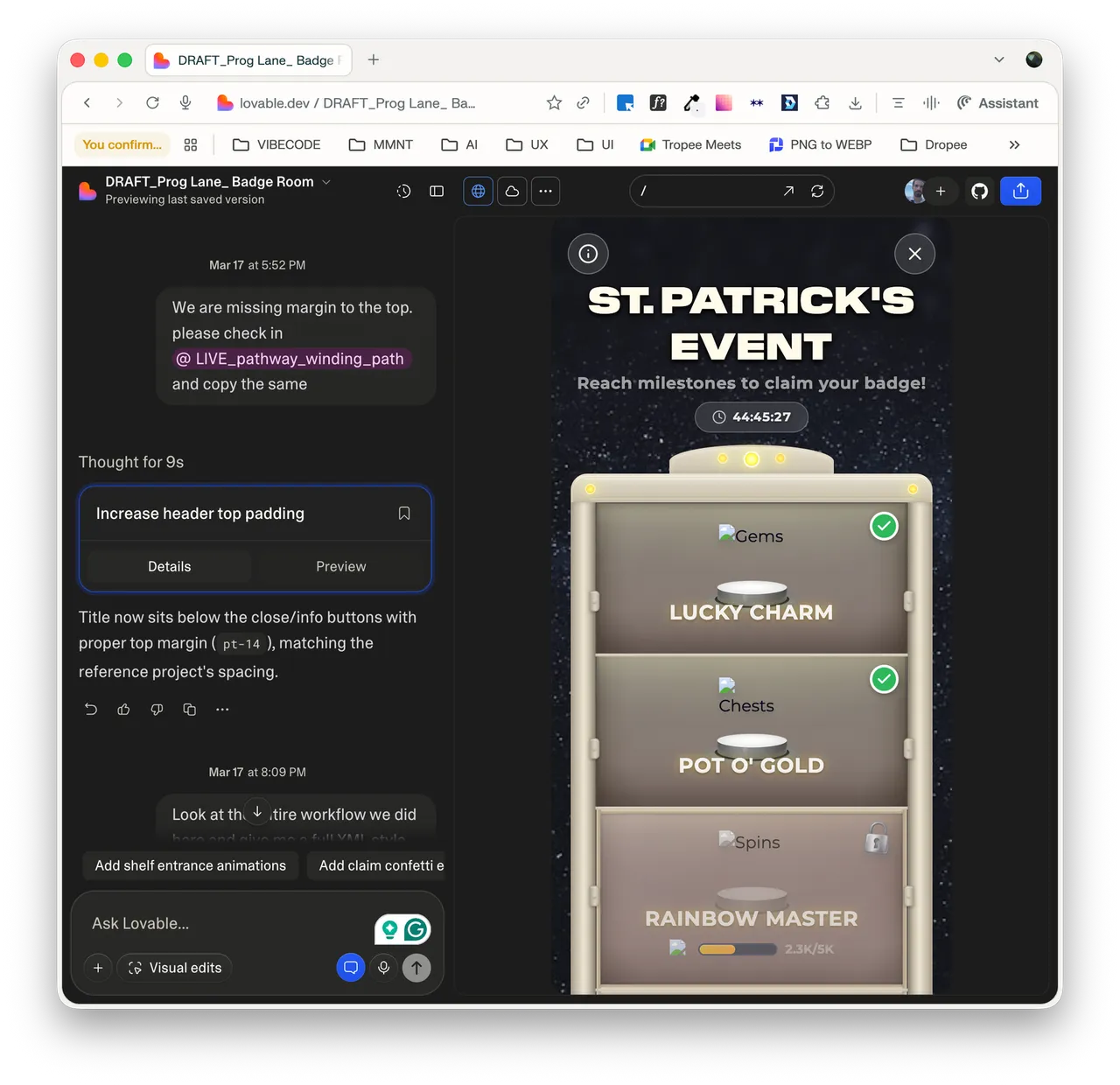 Lovable workspace: a chat on the left and a preview of the St. Patrick’s Event badge cabinet on the right.