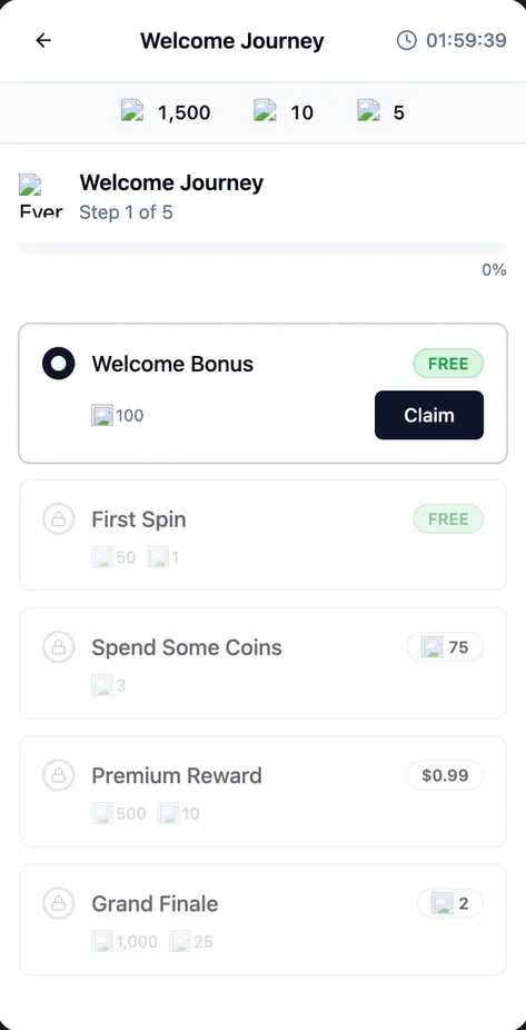 Base “Welcome Journey” family file: a plain list of steps with rewards and a Claim button.