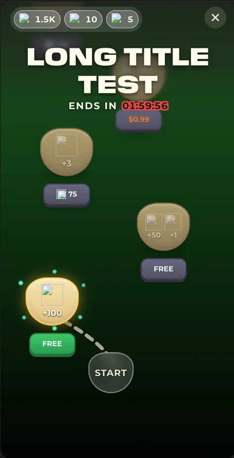 Finished LiveOp: a winding path of reward stops on a dark green background, titled “Long title test”.