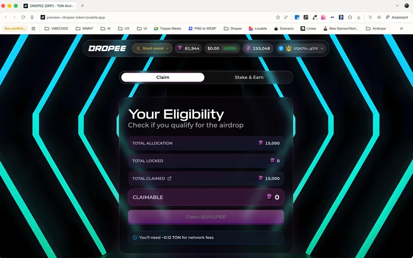 Airdrop web app with a “Your Eligibility” panel listing total allocation, locked, claimed and claimable amounts.