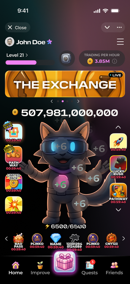 Season 2 home screen with The Exchange banner, the cat character and event icons.