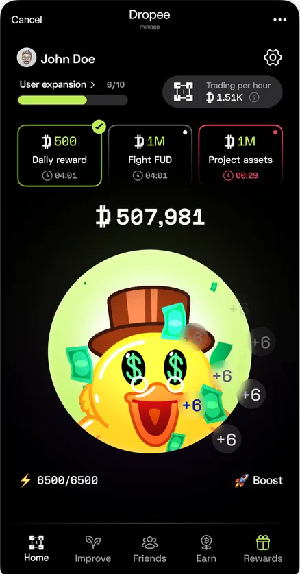 Season 1 home screen: a yellow duck character in a top hat, a coin balance and simple navigation.