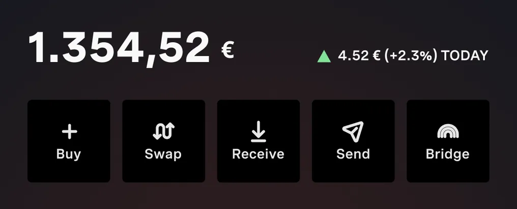 Portal wallet home screen in dark mode: a balance of 1.354,52 € with a gain of 4.52 € (+2.3%) today, above Buy, Swap, Receive, Send and Bridge buttons.