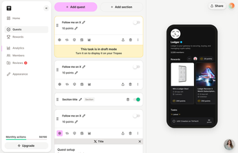 Tropee creator dashboard with a quest editor on the left and a phone preview of the member-facing loyalty page on the right.